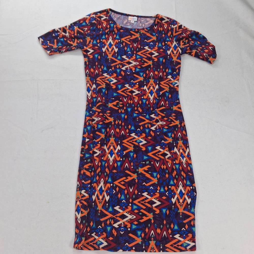 LuLaRoe Dress Womens Medium Julia Purple Geometric Tribal Short Sleeve EUC